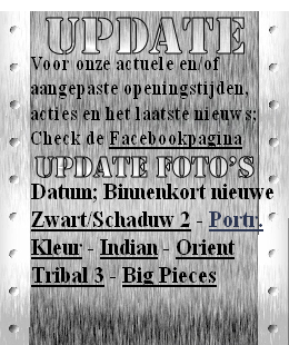 Datum; Binnenkort nieuwe
Zwart/Schaduw 2 - Portr.
Kleur - Indian - Orient
Tribal 3 - Big Pieces
 